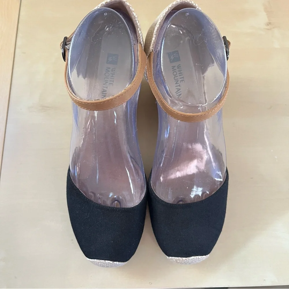 White Mountain Wedge Espadrille Ankle-Strap Sandals - Black/Tan